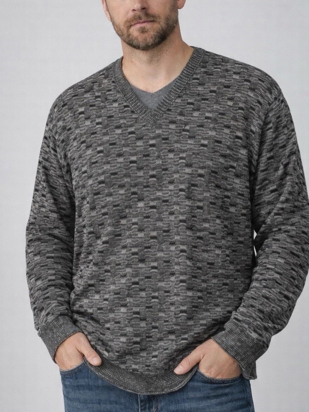 Vintage Bullock & Jones Men’s V-Neck Wool Blend Chunky Knit Sweater Size XL